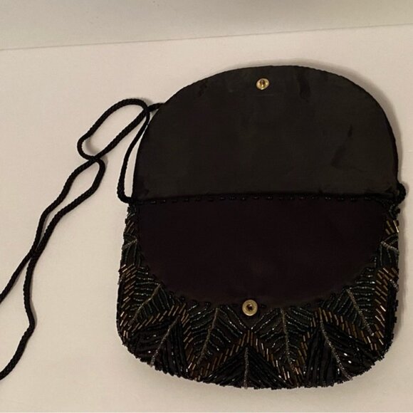 VINTAGE HANDMADE BAG CROSSBODY SHOULDER BEADED BLACK BROWN GOLD RED LONG STRAP - Picture 6 of 14